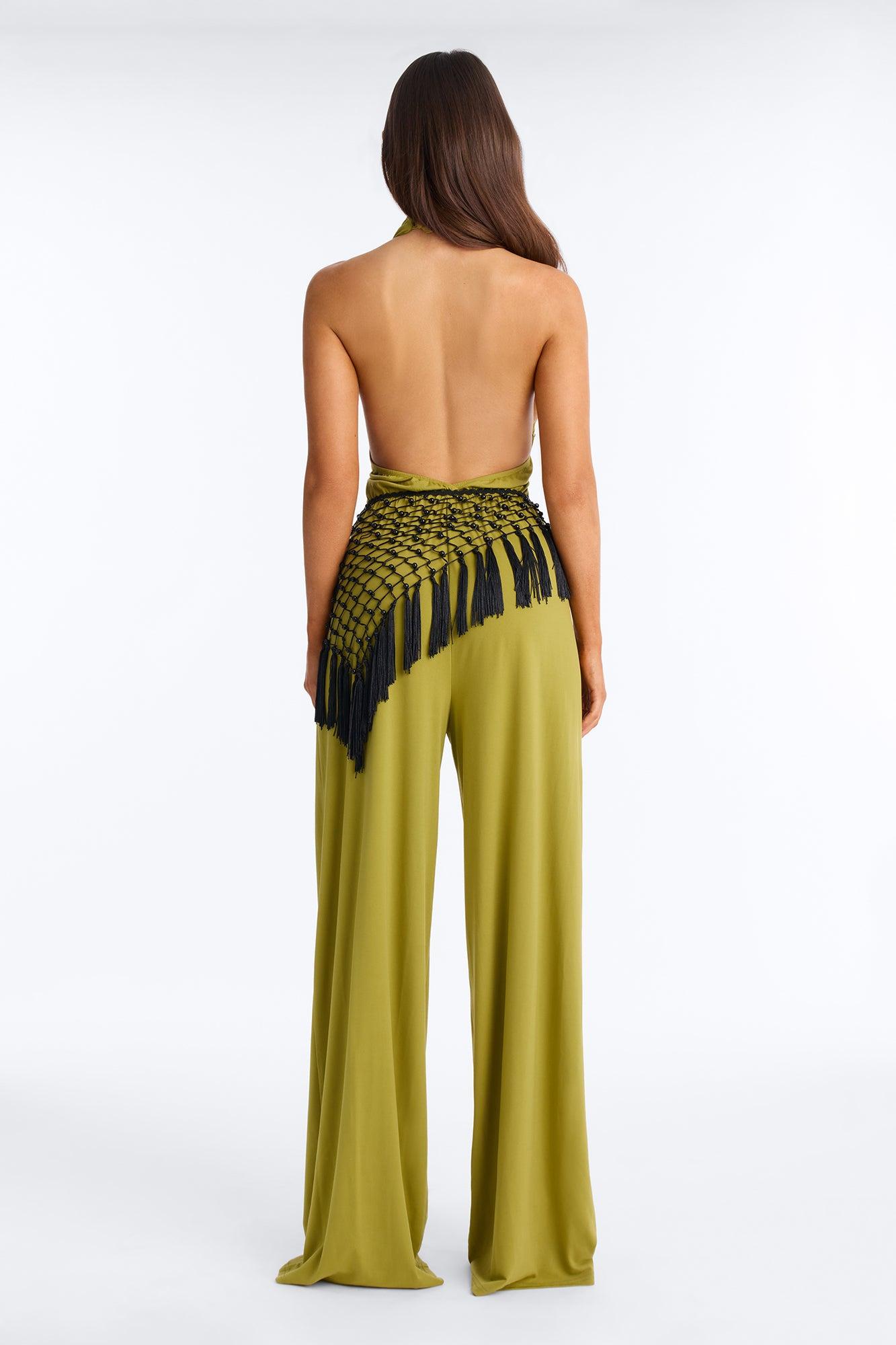 Ilaria Jumpsuit And Beaded Waist Scarf - Chartreuse Female Product Image
