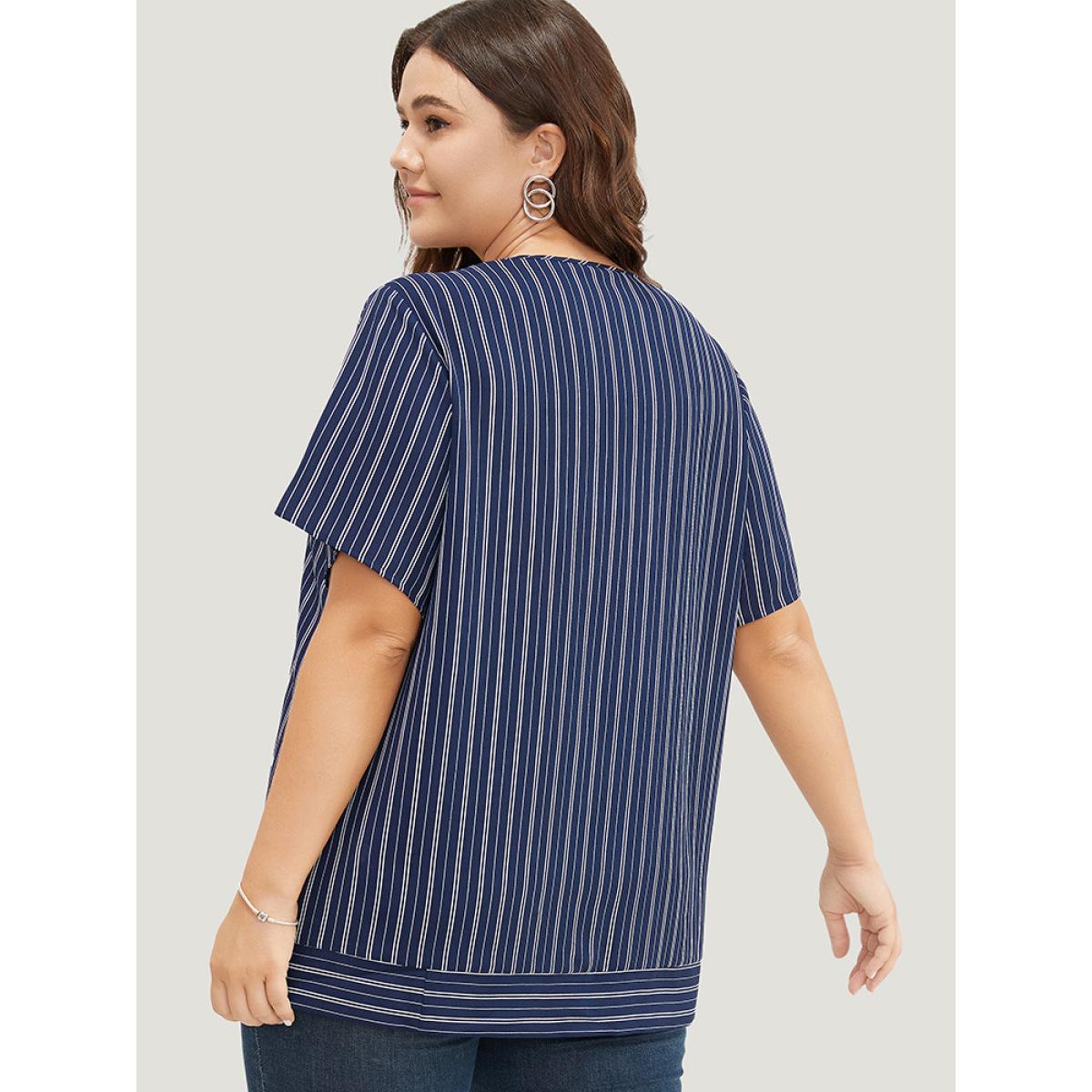 Plus Size DarkBlue Striped Print Asymmetrical Neck Blouse Women Office Short sleeve Asymmetrical Neck Work Blouses BloomChic 26/4X Product Image