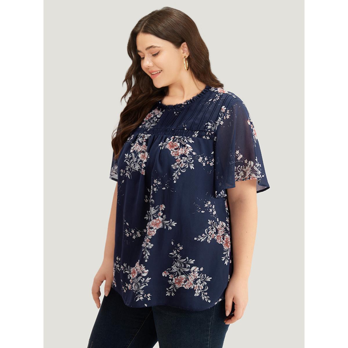 Plus Size Indigo Floral Print Frill Trim Shirred Flutter Sleeve Blouse Women Elegant Short sleeve Round Neck Dailywear Blouses BloomChic 26/4X Product Image
