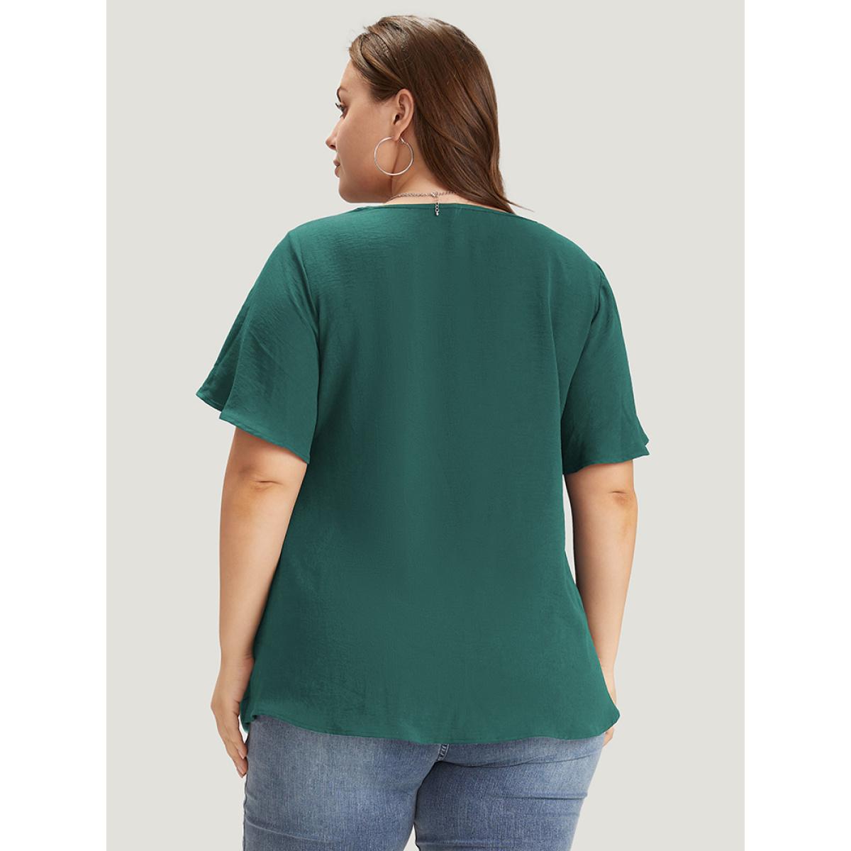 Plus Size Emerald Solid Pleated V Neck Blouse Women Office Short sleeve V-neck Dailywear Blouses BloomChic 26/4X Product Image