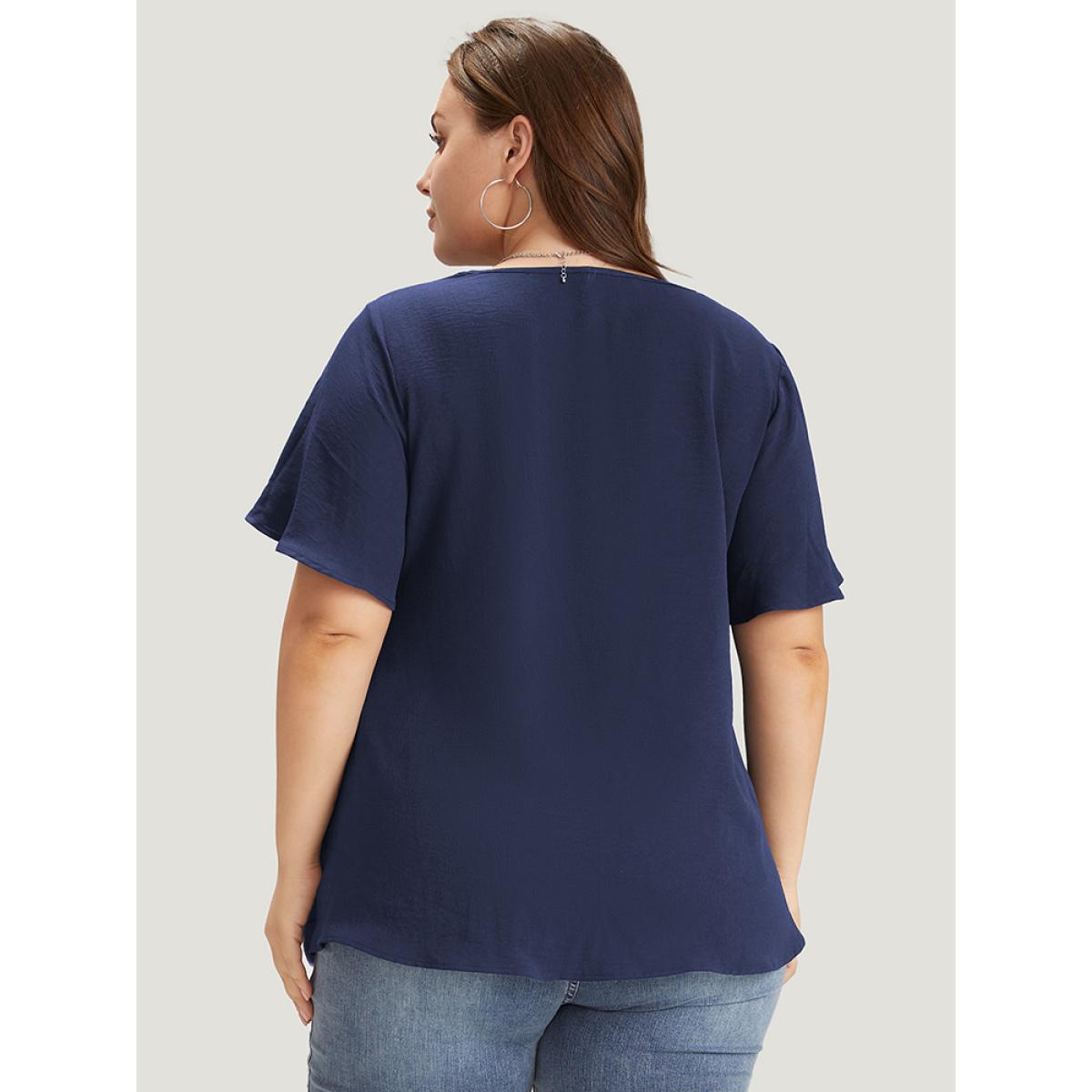 Plus Size Indigo Solid Pleated V Neck Blouse Women Office Short sleeve V-neck Dailywear Blouses BloomChic 26/4X Product Image