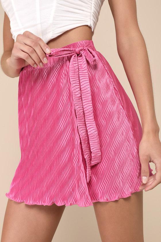 Cute Praise Hot Pink Plisse Satin Faux-Wrap Mini Skort Product Image