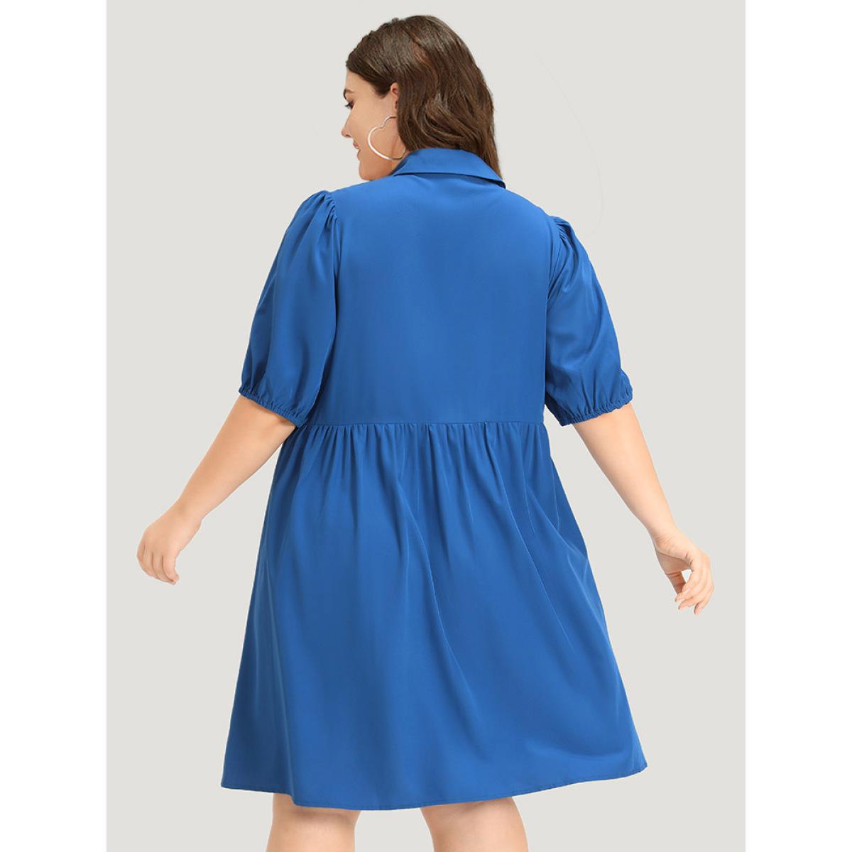 Plus Size Plain Shirt Collar Button Through Gathered Lantern Sleeve Dress Blue Women Elegant Elastic cuffs Shirt collar Half Sleeve Curvy Knee Dress BloomChic 18-20/2X Product Image