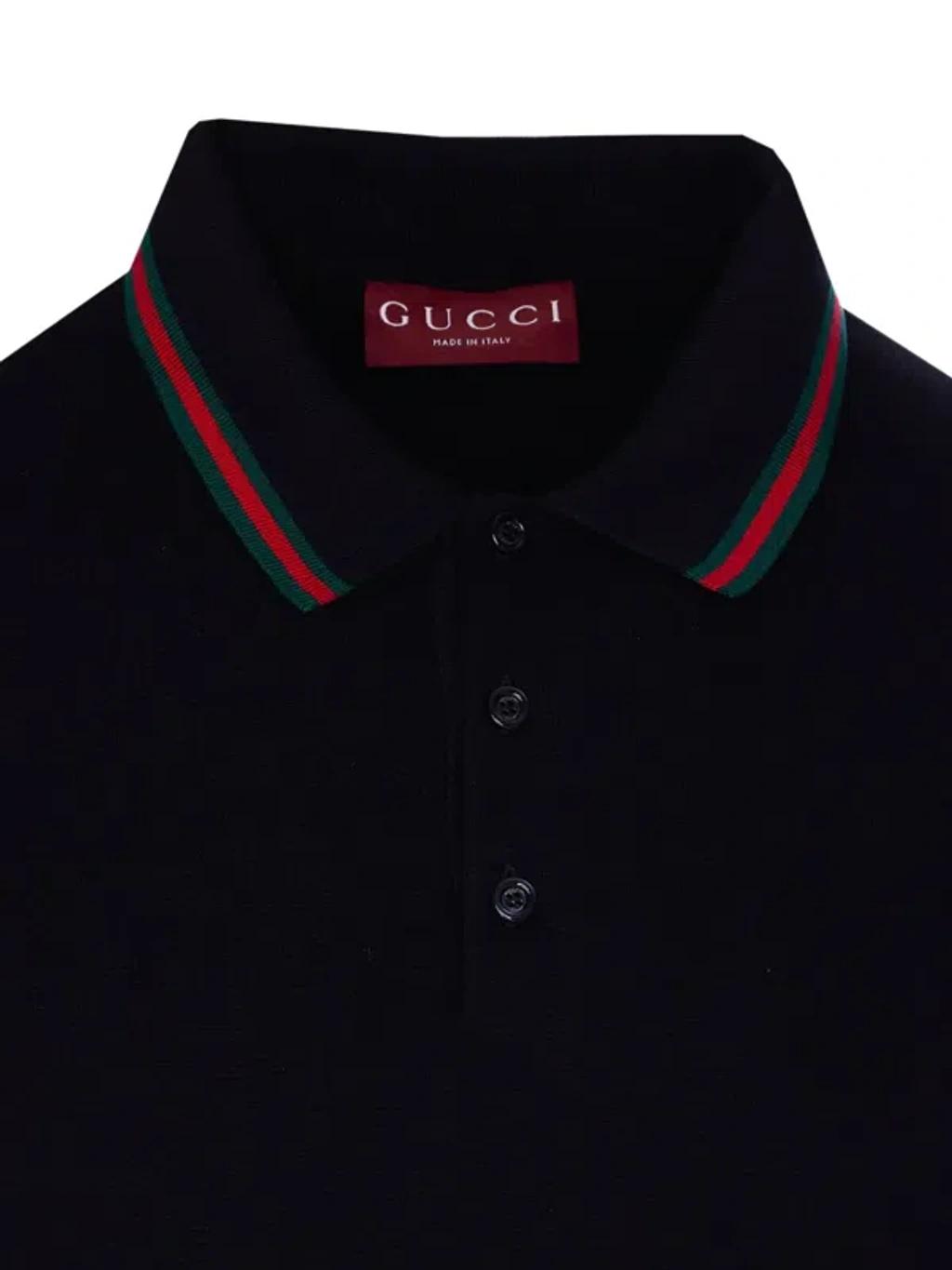 GUCCI Classic Polo T-shirt In Blue Wool In Black Product Image
