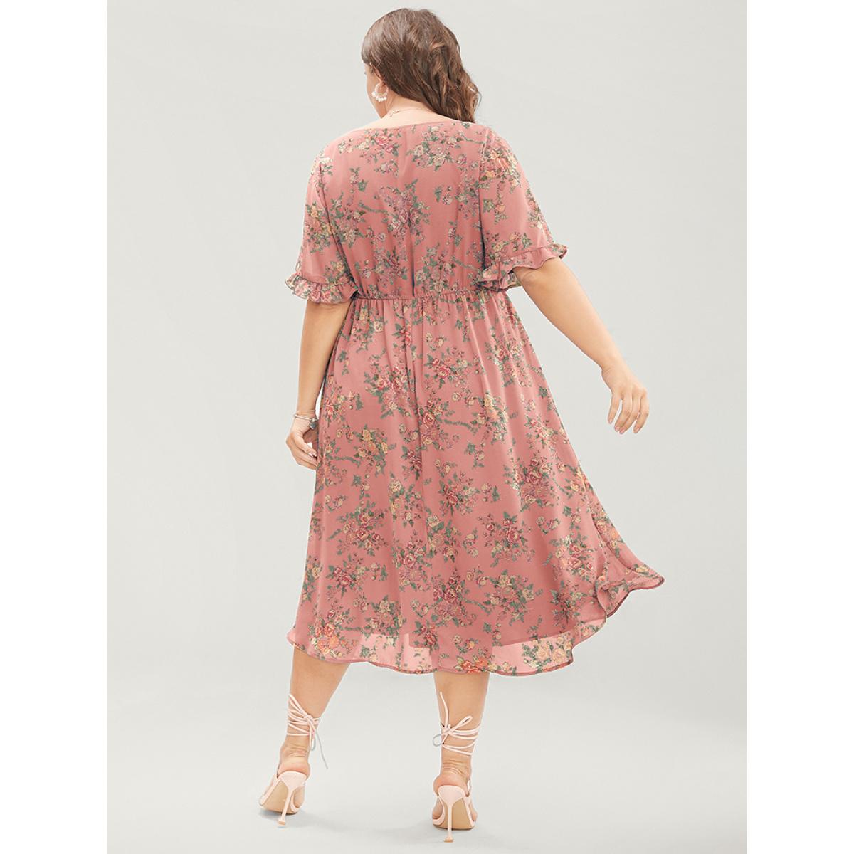 Plus Size Floral Print V Neck Elastic Waist Mesh Pocket Ruffles Dress DustyPink Women Elegant See through V-neck Short sleeve Curvy Midi Dress BloomChic 14-16/1X Product Image