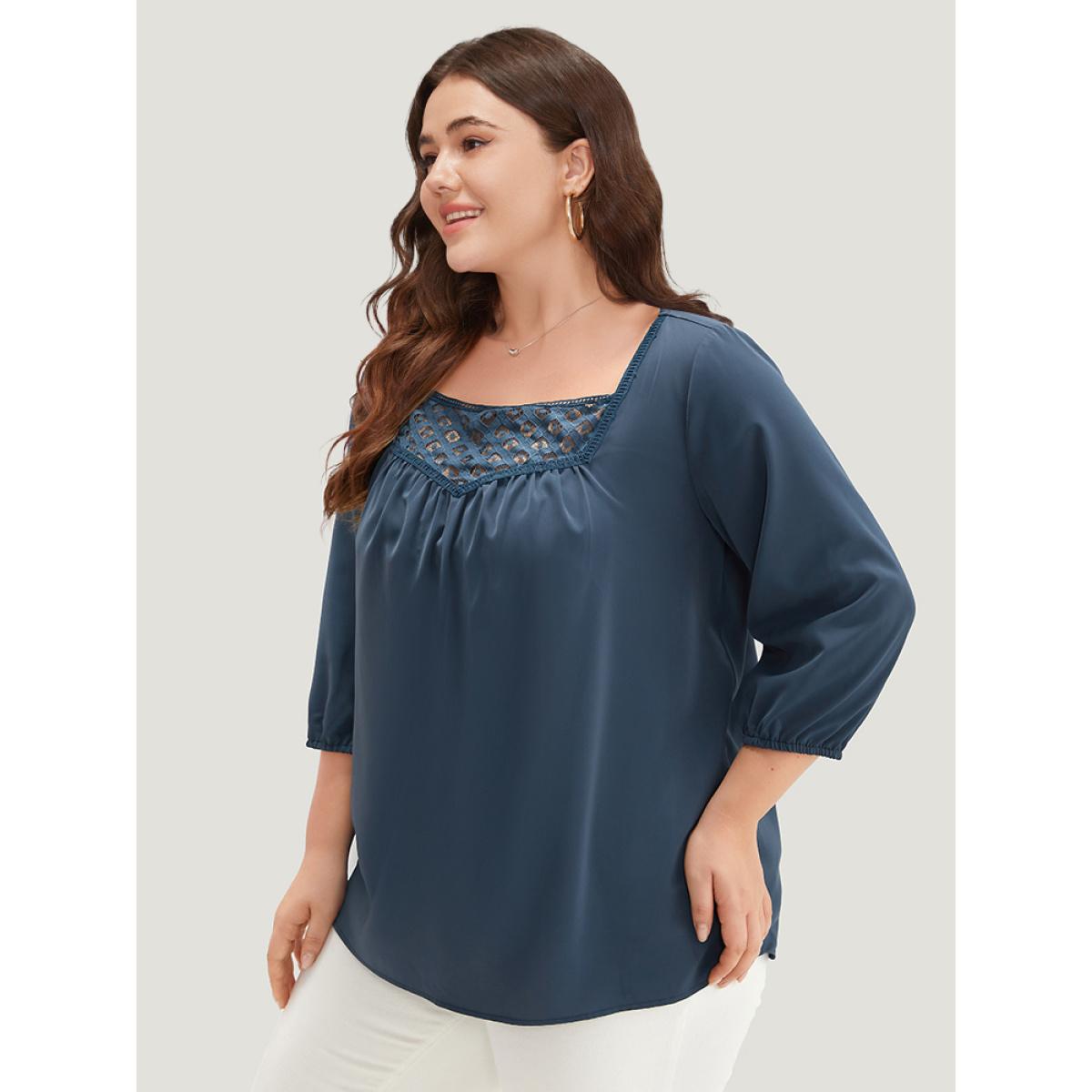 Plus Size Indigo Anti-Wrinkle Square Neck Lace Panel Gathered Blouse Women Office Elbow-length sleeve Square Neck Work Blouses BloomChic 10/M Product Image