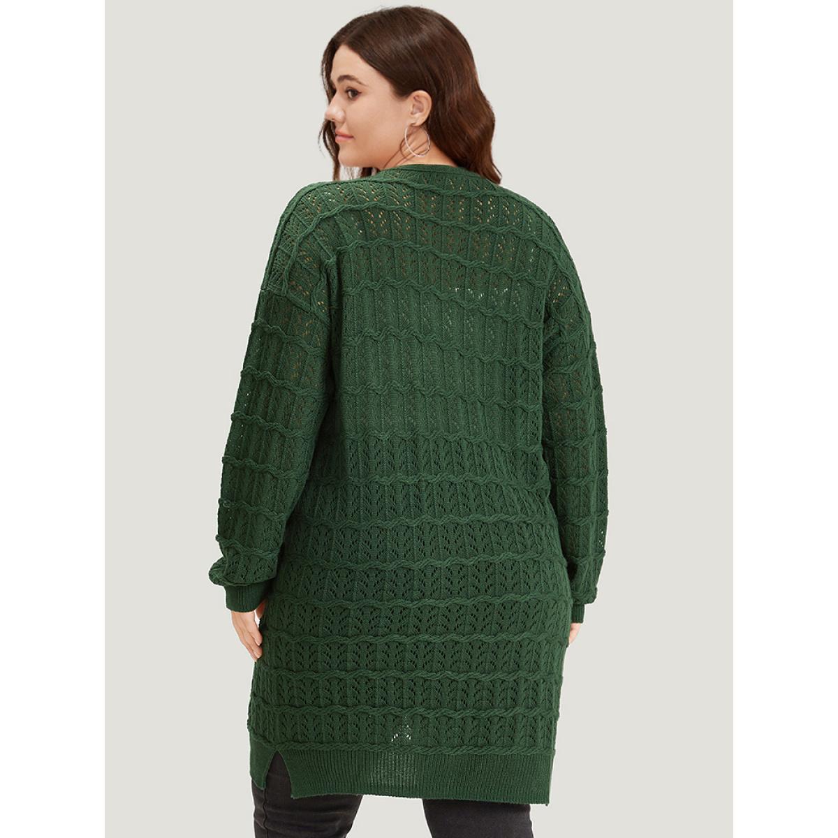 Plus Size Plain Geometric Eyelet Cable Knit Tunic Cardigan DarkGreen Women Casual Loose Long Sleeve Everyday Cardigans BloomChic 12/L Product Image