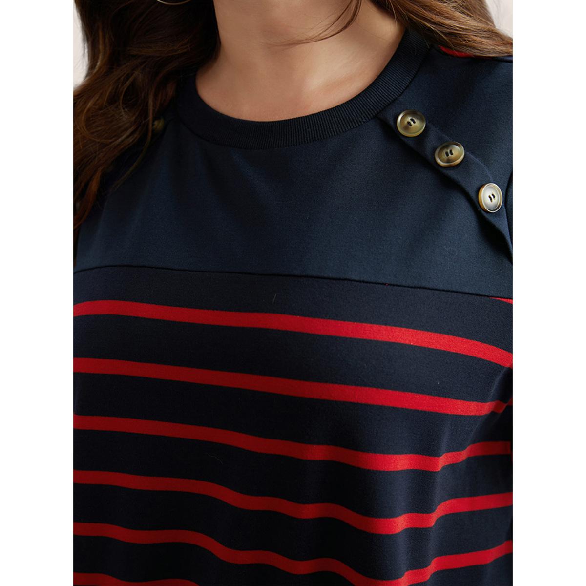 Plus Size Striped Patchwork Button Detail Sweatshirt Women Midnight Leisure Non Round Neck Casual Sweatshirts BloomChic 10/M Product Image