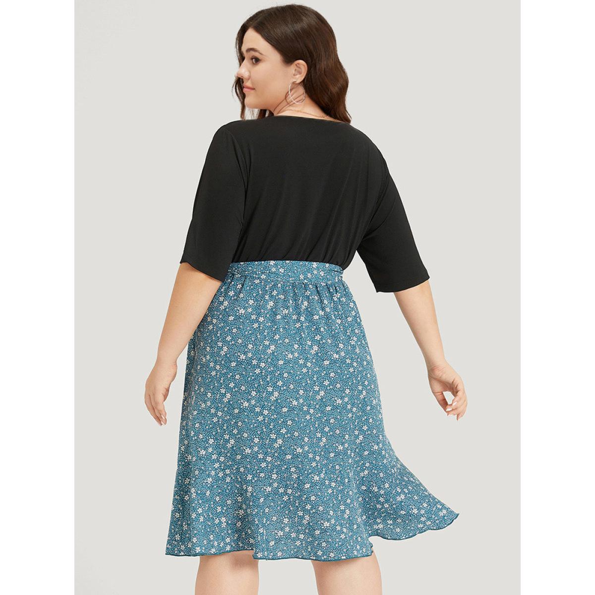 Plus Size Ditsy Floral Pocket Patchwork Belted Wrap Ruffle Dress Cerulean Women Office Plain V-neck Half Sleeve Curvy Knee Dress BloomChic 18-20/2X Product Image