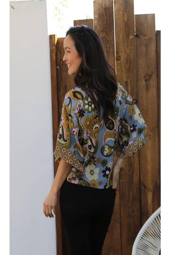 V Neck Tie Waist Kimono Sleeve Blouse Product Image