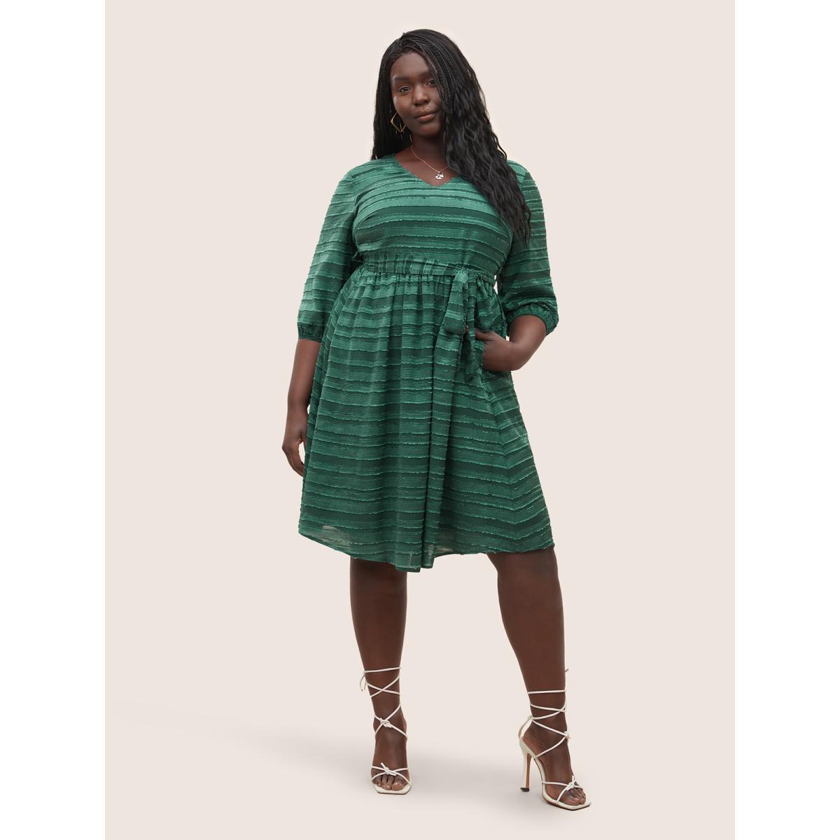 Plus Size Striped Plisse Ties Pocket Lantern Sleeve Dress DarkGreen Women Cocktail Non V-neck Elbow-length sleeve Curvy Knee Dress BloomChic 18-20/2X Product Image