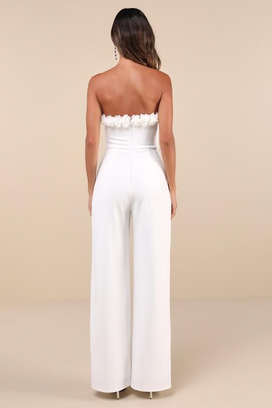 Rare Allure White 3D Floral Applique Strapless Wide-Leg Jumpsuit Product Image