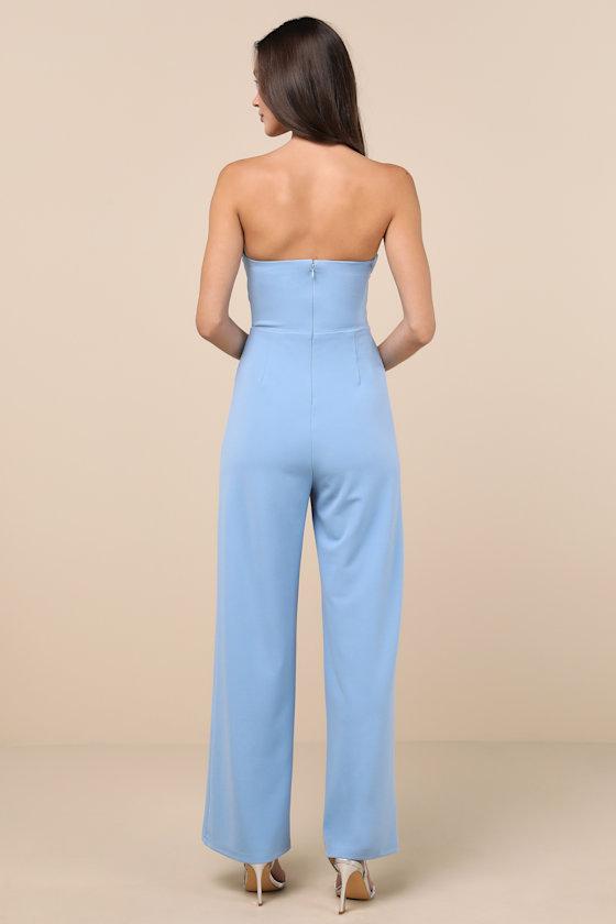 Natasha Light Blue Strapless Pleated Jumpsuit Product Image