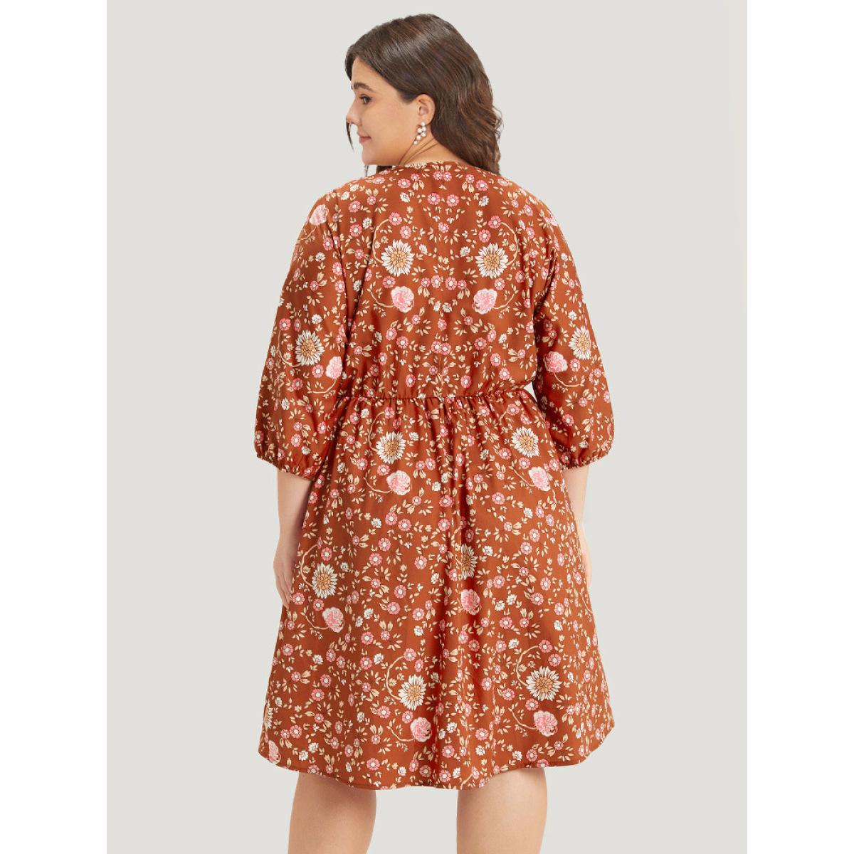 Plus Size Floral Print Elastic Cuffs Button Detail Dress Rust Women Vacation Elastic cuffs V-neck Half Sleeve Curvy Midi Dress BloomChic 30/6X Product Image