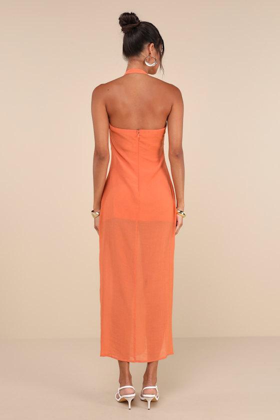 Trending Sunny Orange Ruched Halter Buckle Strap Midi Dress Product Image