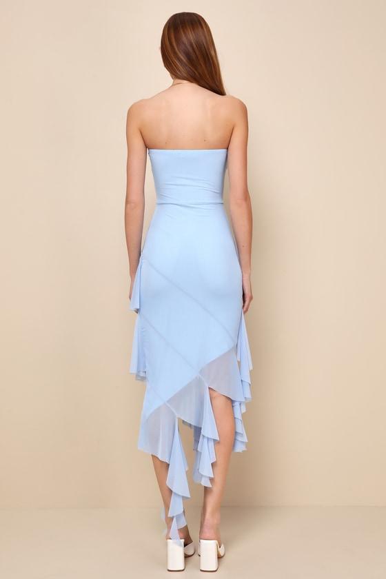 Iconic Babe Light Blue Mesh Asymmetrical Strapless Midi Dress Product Image