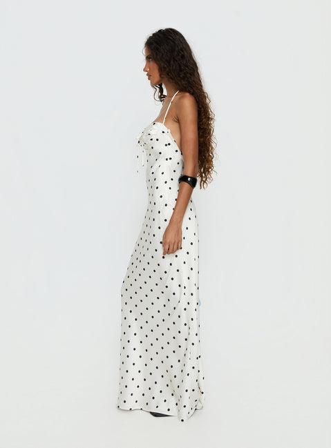 Costella Halter Satin Maxi Dress Cream Polka Dot Product Image