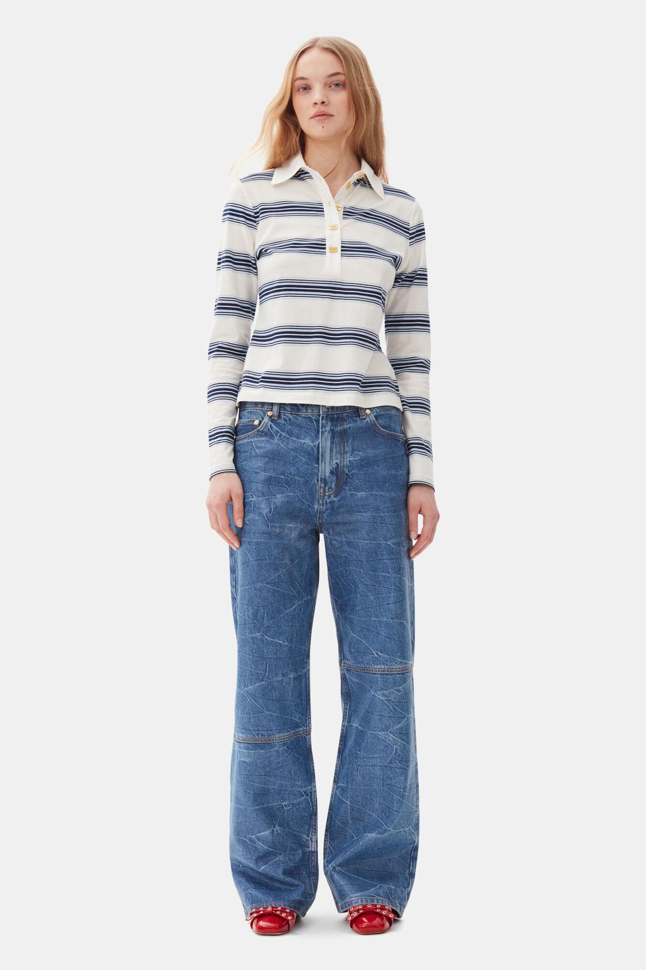 Blue Striped Long Sleeve Polo Shirt Product Image