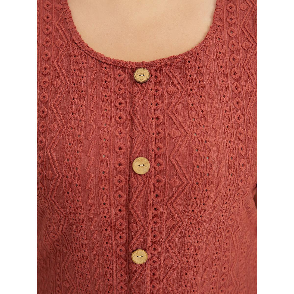 Plus Size Embroidered Button Detail Crew Neck Flutter Sleeve T-shirt Rust Women Elegant Texture Plain Round Neck Dailywear T-shirts BloomChic 18-20/2X Product Image