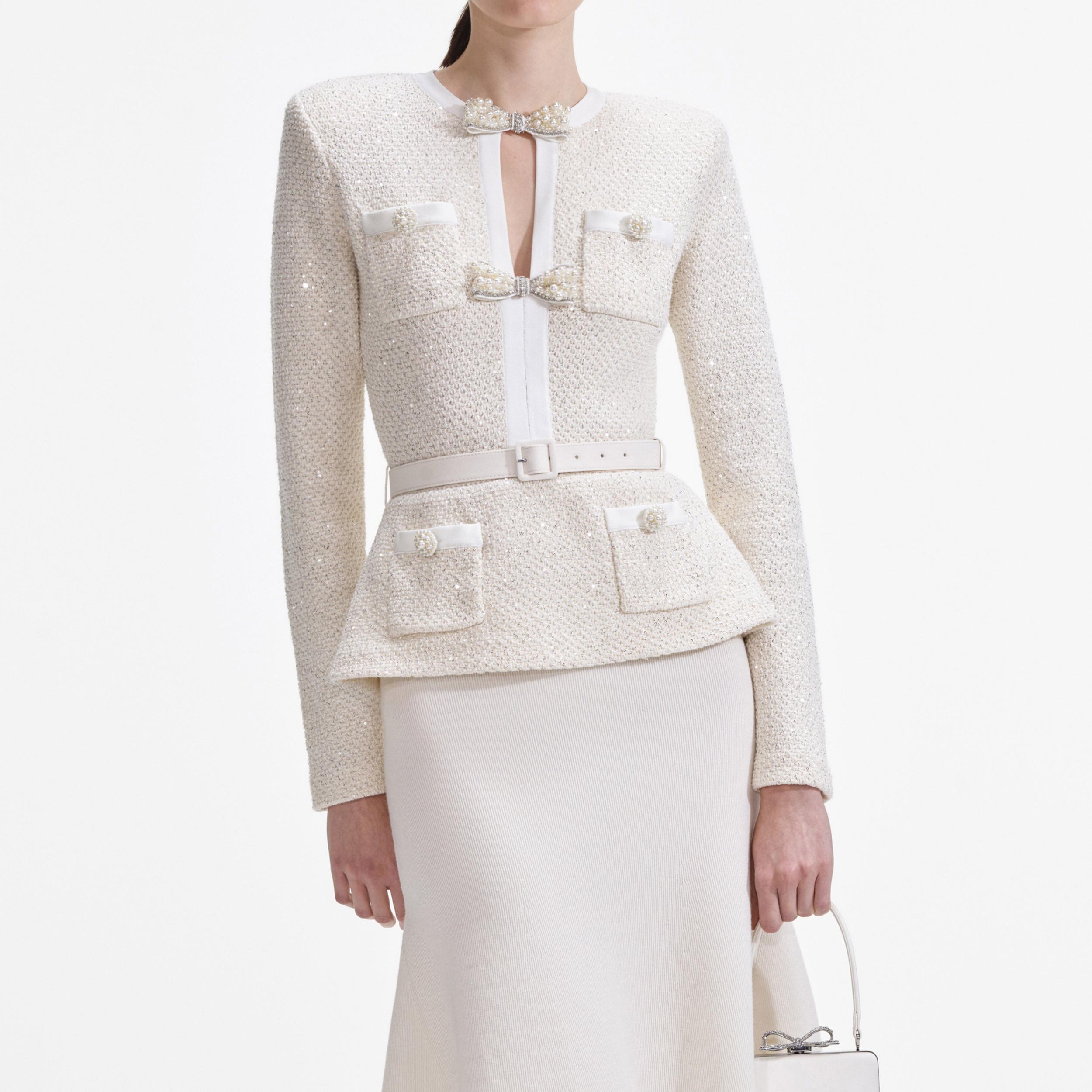 Cream Sequin Knit Tailored Midi Dress Product Image