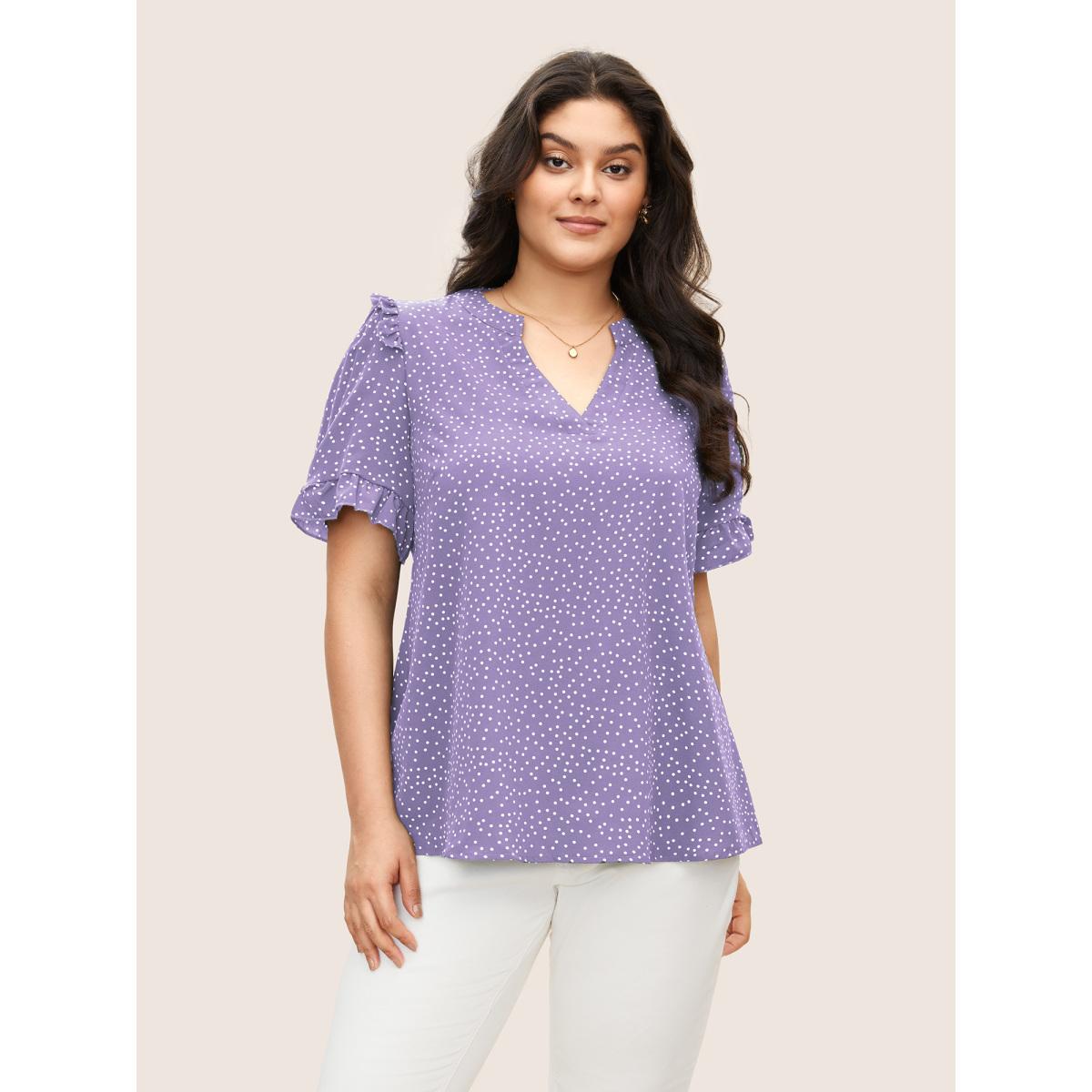 Polka Dot Ruffles Plus Size Women Blouses Elegance Casual Ruffles Ruffle Sleeve Short Sleeve V Neck Dailywear Blouses BloomChic Product Image