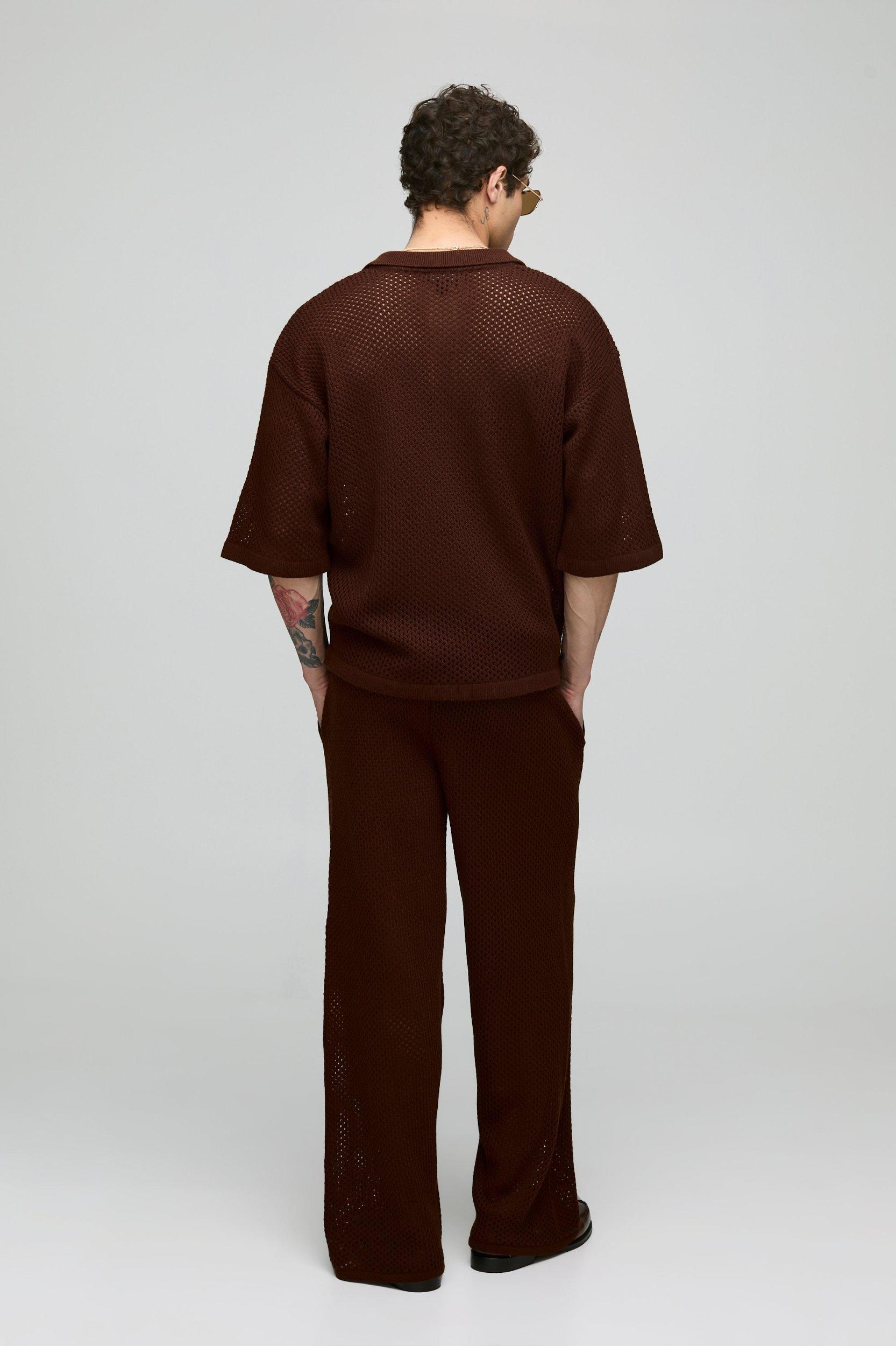 Oversized Boxy Open Knit Polo & Wide Leg Pants Set | boohooMAN USA Product Image