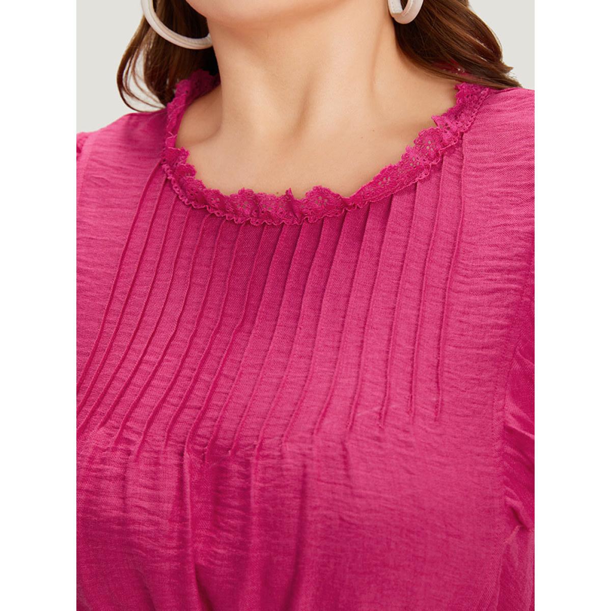 Plus Size Solid Pocket Lace Insert Pleated Flutter Sleeve Dress RedViolet Women Office Gathered Round Neck Sleeveless Curvy Knee Dress BloomChic 10/M Product Image