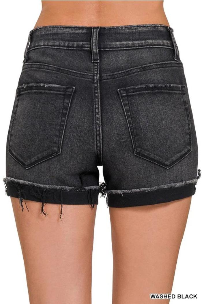 Washed Black Cuffed Raw Hem Denim Shorts Product Image