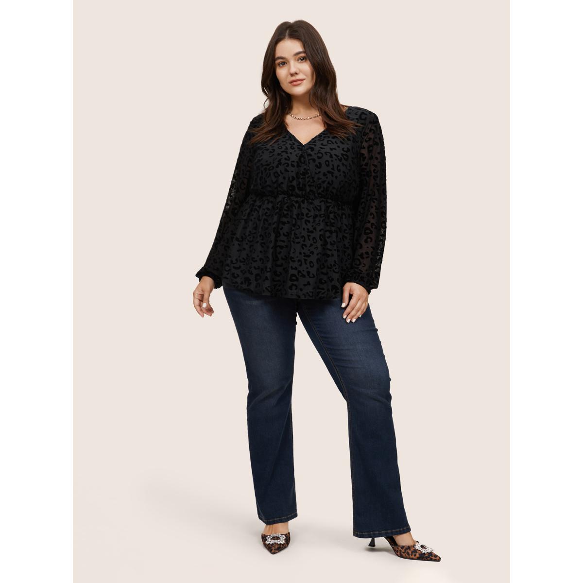 Plus Size Black Leopard Flocking Mesh Patchwork Wrap Blouse Women Glamour Long Sleeve V-neck Going out Blouses BloomChic 14-16/1X Product Image