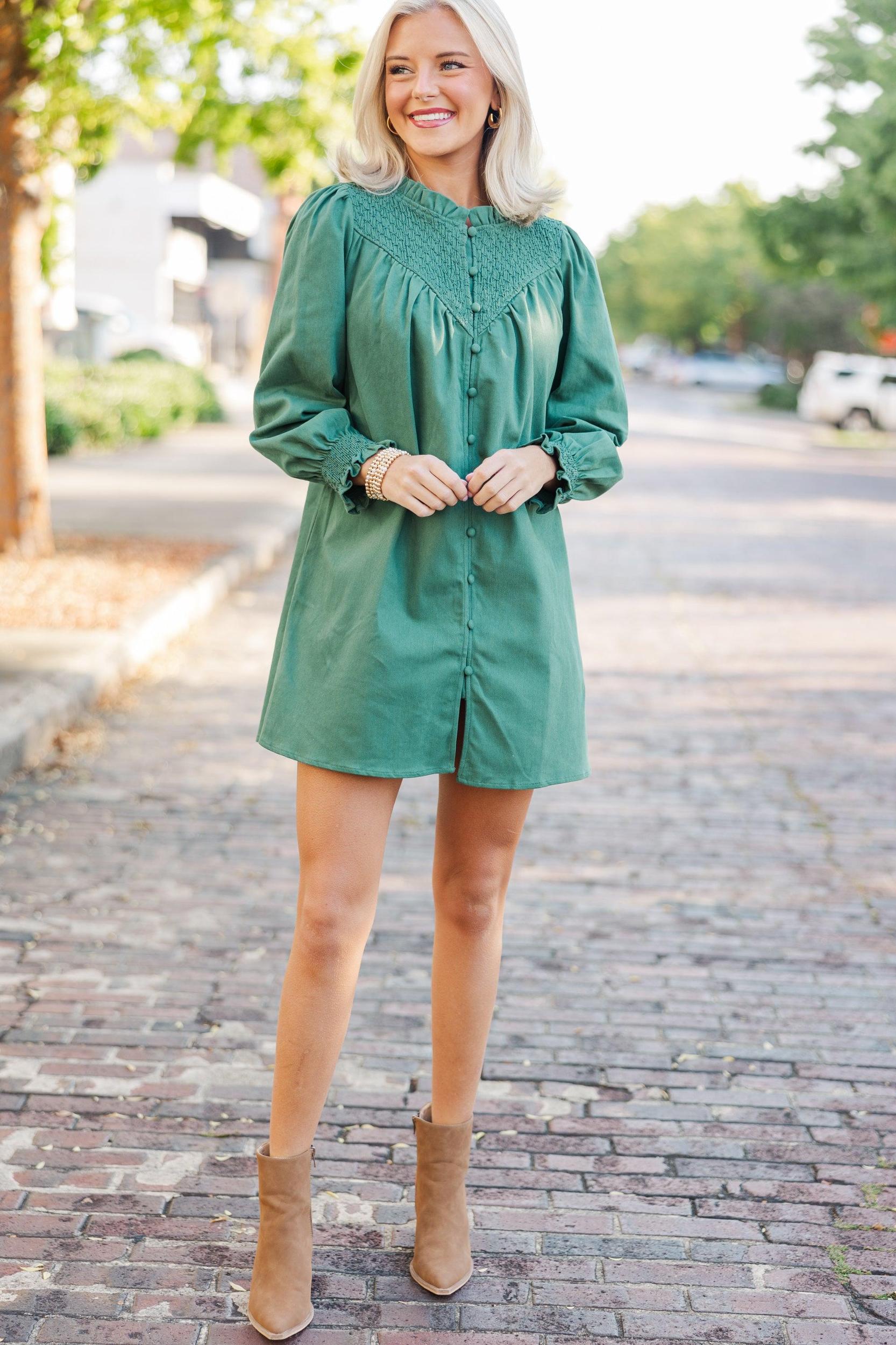 Just For Fun Hunter Green Smocked Dress Female Product Image