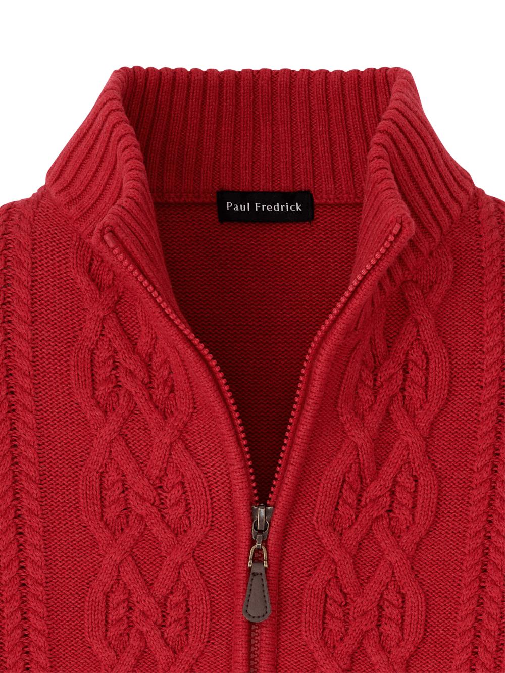 Cotton Cable Full Zip Mock Neck Sweater - Red Product Image