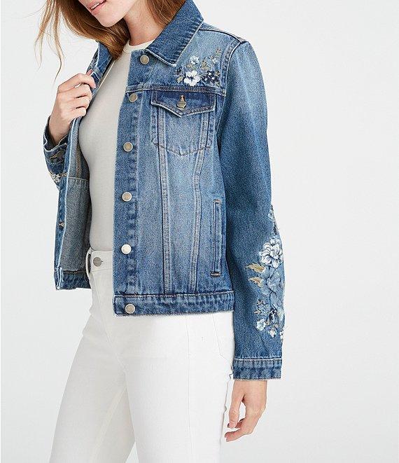 Driftwood X Bluebell Fleur Embroidered Point Collar Long Sleeve Denim Statement Jacket Product Image