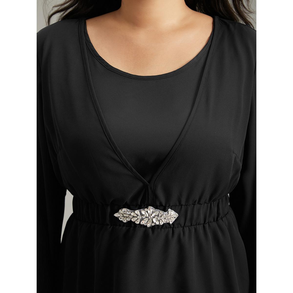 Plus Size Black Solid Chiffon Rhinestone Bell Sleeve Blouse Women Glamour Elbow-length sleeve V-neck Festival-Halloween Blouses BloomChic 18-20/2X Product Image
