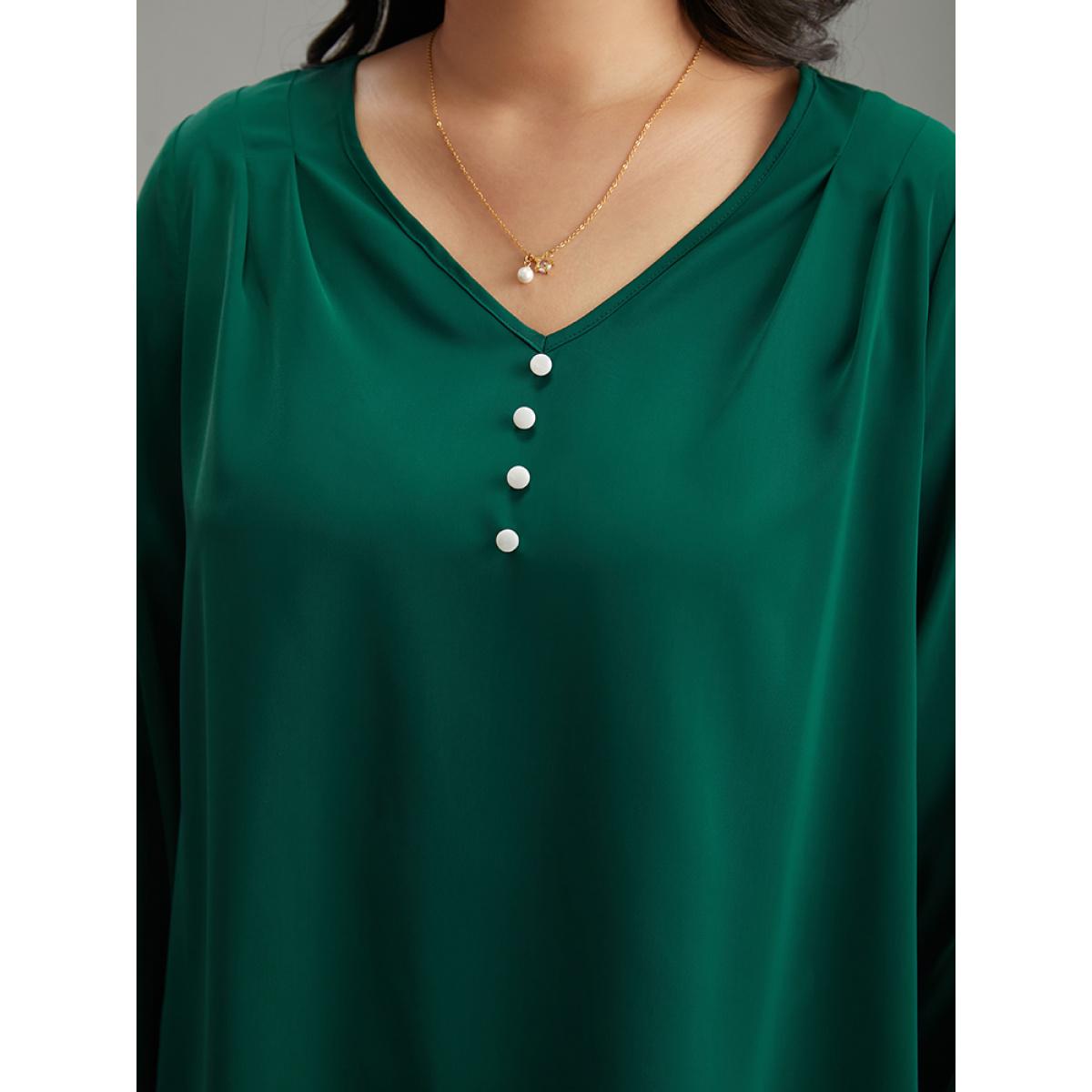 Plus Size DarkGreen Static-Free Button Detail Pleated Blouse Women Office Long Sleeve V-neck Office Blouses BloomChic 18-20/2X Product Image