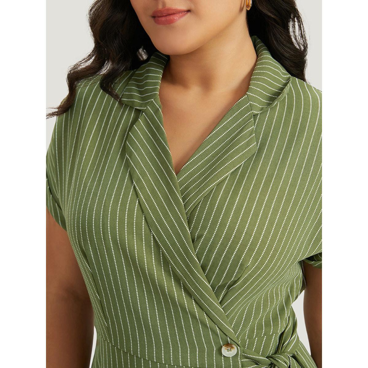 Plus Size Suit Collar Ruffles Pocket Button Up Ties Batwing Sleeve Dress Moss Women Office Button Suit Collar Short sleeve Curvy Midi Dress BloomChic 10/M Product Image