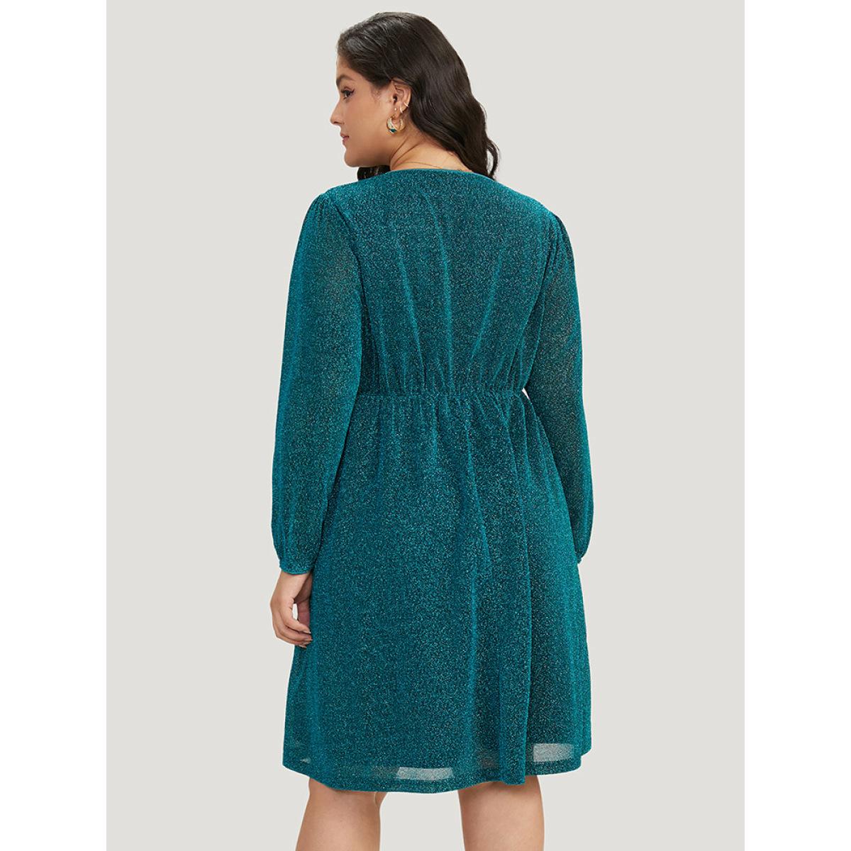 Plus Size Glitter Overlap Collar Pocket Ruched Dress Teal Women Elegant Elastic cuffs V-neck Long Sleeve Curvy Midi Dress BloomChic 22-24/3X Product Image