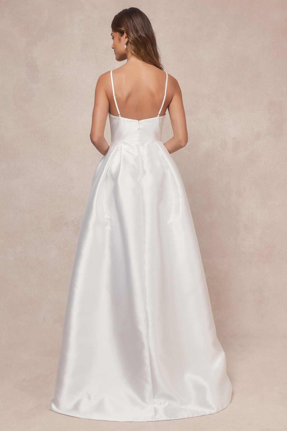 Dreamy Forever White Taffeta Rosette Maxi Dress with Pockets Product Image