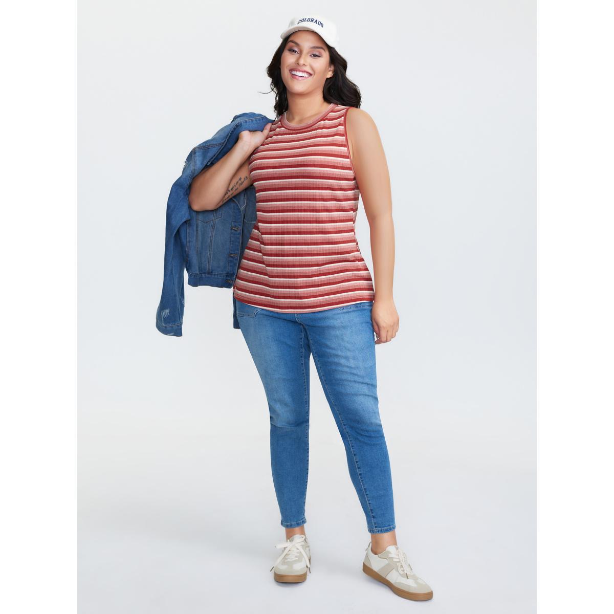 Plus Size Stretchy Ribbed Crew Neckline Fitted Tank Top Women Scarlet Playful Texture Round Neck Casual Tank Tops Camis BloomChic 26/4X Product Image