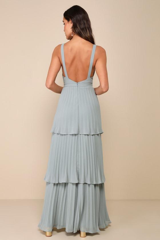 Luxe Perfection Sage Green Pleated Tiered Backless Maxi Dress Product Image