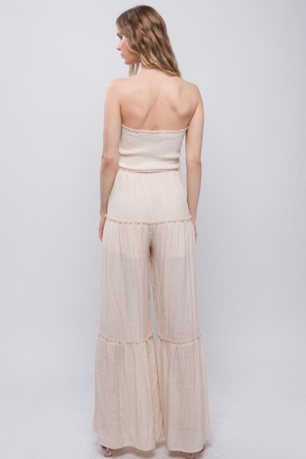 Smocked Ruffle Inspired Jumpsuit in White Product Image