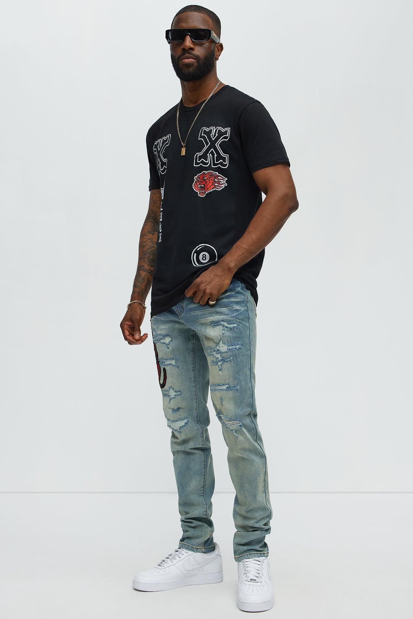 Side Snake Rip And Repair Stacked Skinny Jeans - Vintage Blue Wash Product Image