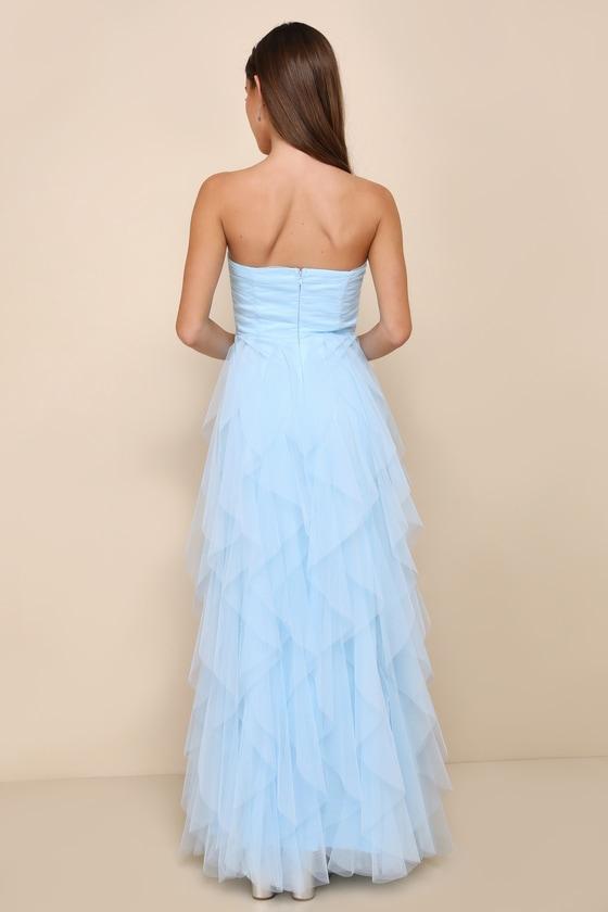 Delightful Beauty Blue Mesh Strapless Ruched Ruffled Maxi Dress Product Image