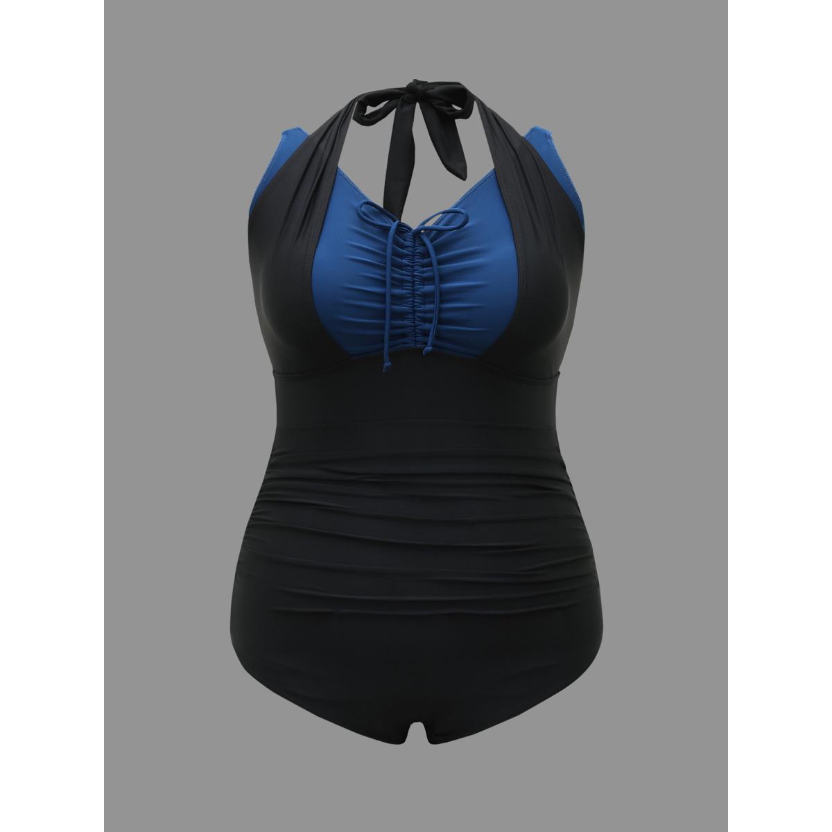 Plus Size Halter Neck Drawstring Gathered One-Piece Swimsuit Women's Swimwear Black Beach Gathered Curve Bathing Suits High stretch One Pieces BloomChic 26/4X Product Image