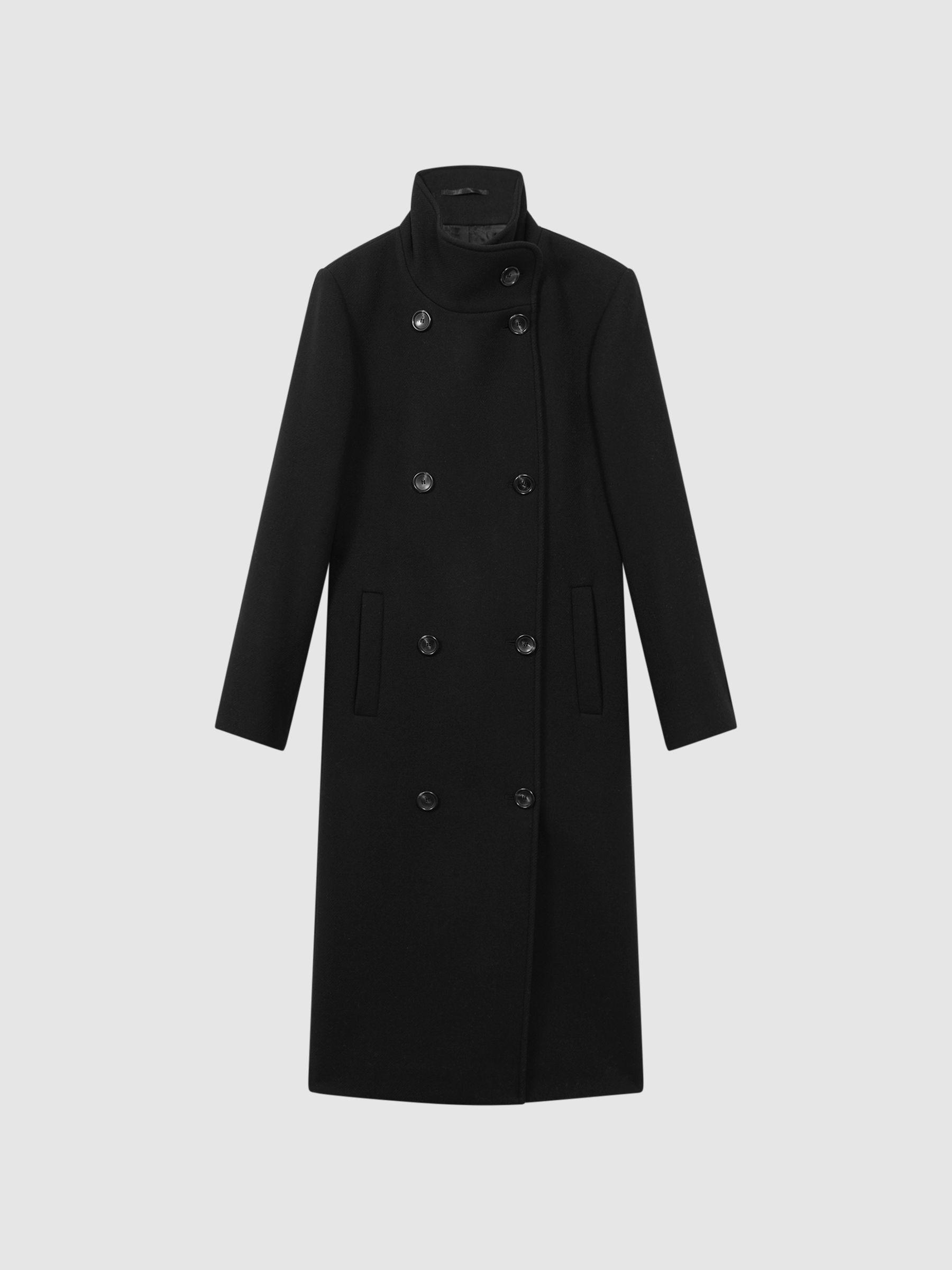 Wool Blend Double Breasted Long Coat in Black Product Image