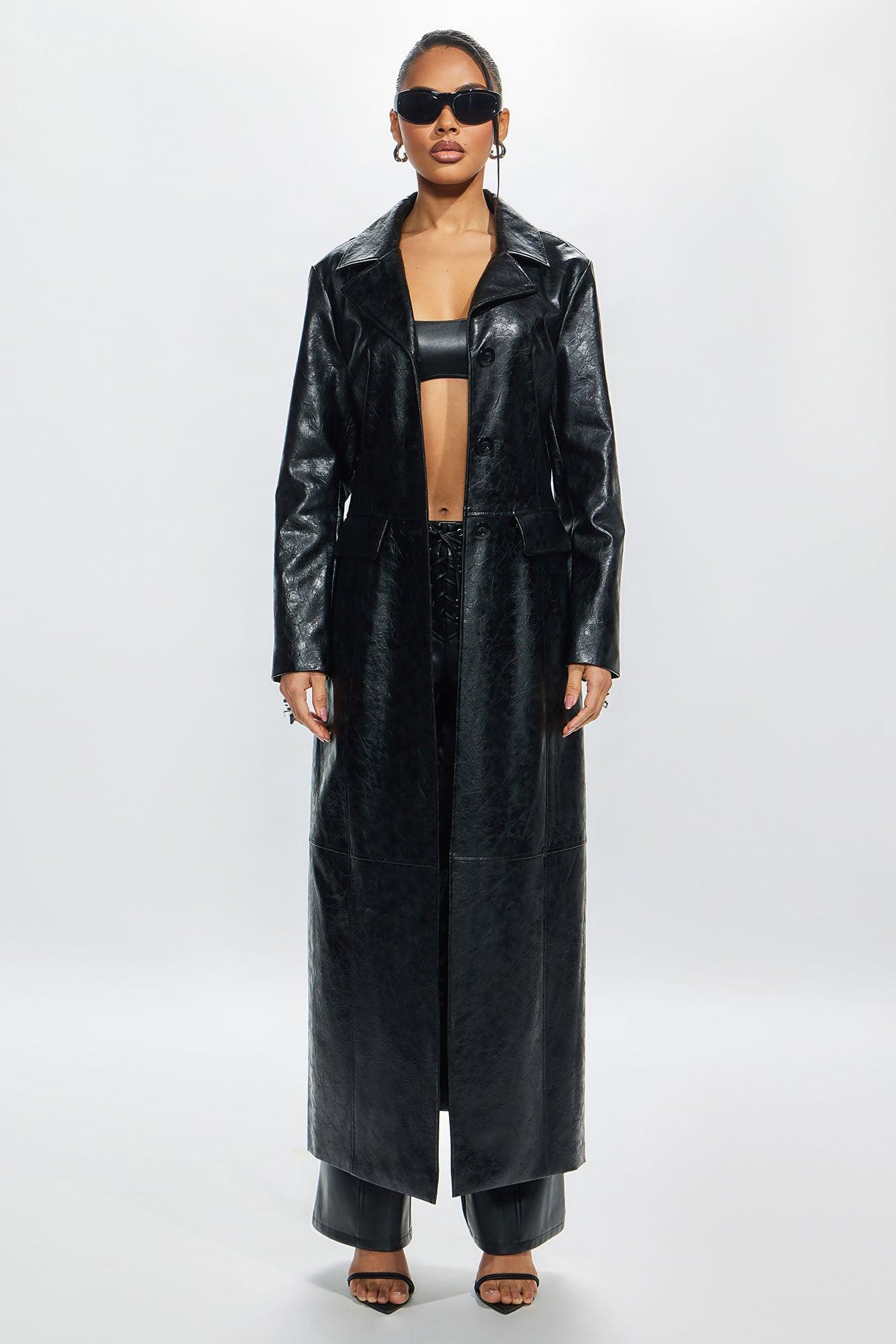 Helena Faux Leather Trench Coat - Black Product Image