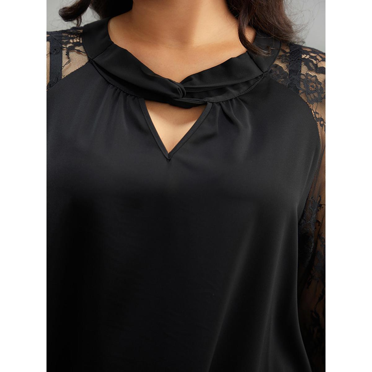 Plus Size Black Anti-Wrinkle Crochet Lace Mesh Keyhole Blouse Women Office Long Sleeve Keyhole Cut-Out Work Blouses BloomChic 28/5X Product Image