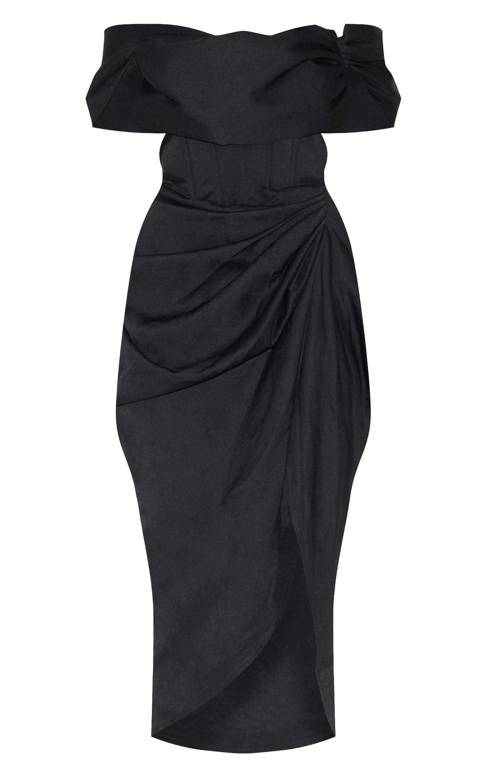 Black Corset Bardot Draped Midi Dress Product Image