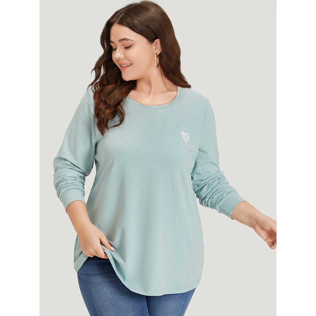 Plus Size Plain Heart Embroidered Crew Neck Sweatshirt Women Green Elegant Elastic cuffs Round Neck Dailywear Sweatshirts BloomChic 10/M Product Image