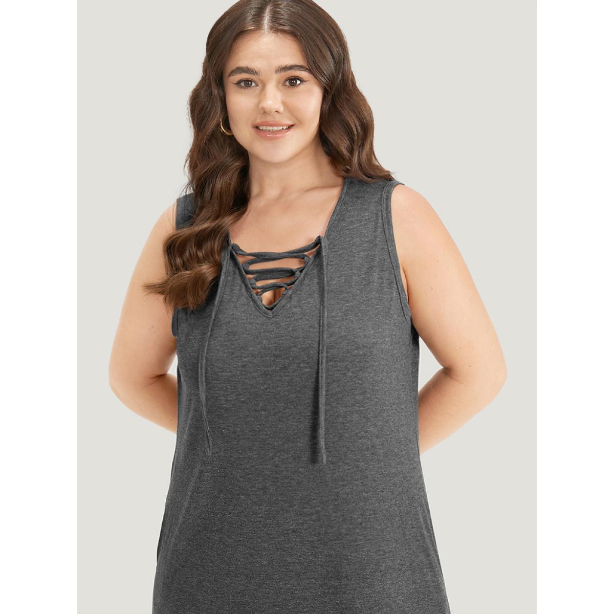 Plus Size Plain Pocket Lace Up Sleeveless Dress DimGray Women Casual Plain V-neck Sleeveless Curvy Midi Dress BloomChic 28/5X Product Image