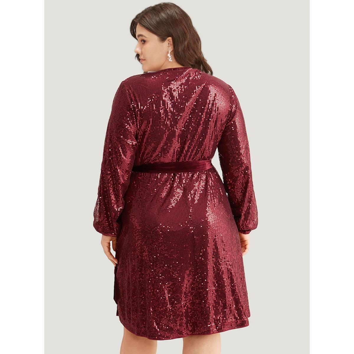 Plus Size Sequin Ties Side Surplice Neck Lantern Sleeve Dress Scarlet Women Cocktail Elastic cuffs V-neck Long Sleeve Curvy Knee Dress BloomChic 10/M Product Image